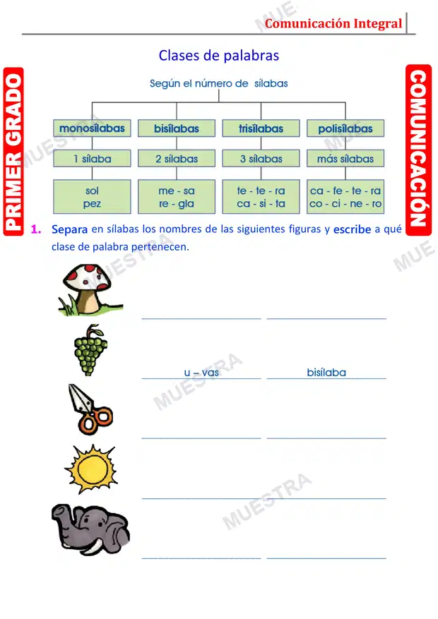 Muestra de Palabras Según el Número de Sílabas