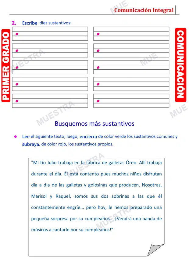 Muestra de Sustantivos Propios y Comunes