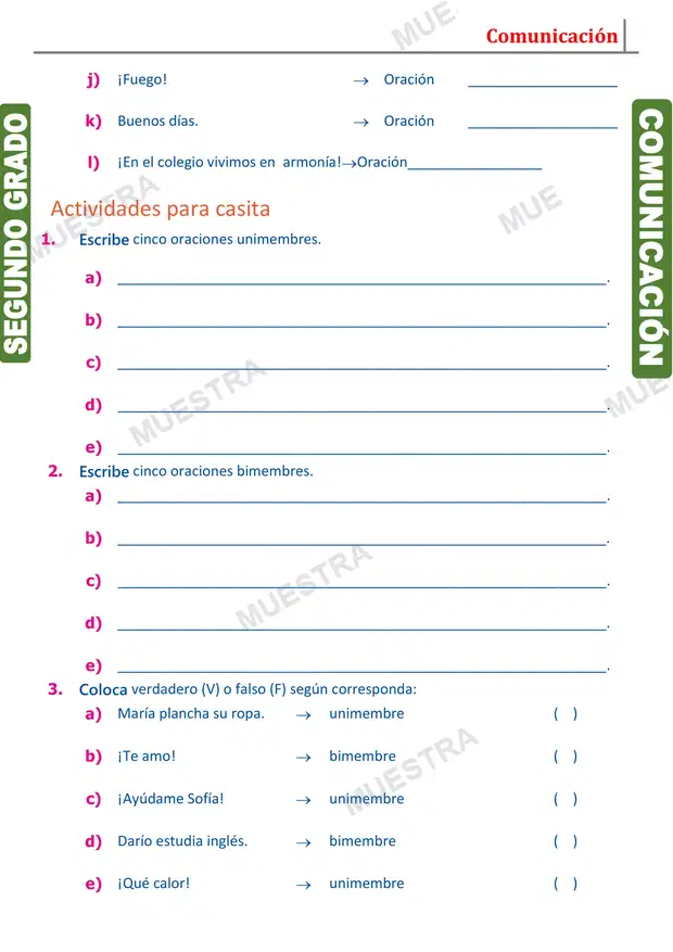 Muestra de Oraciones Unimembres y Bimembres