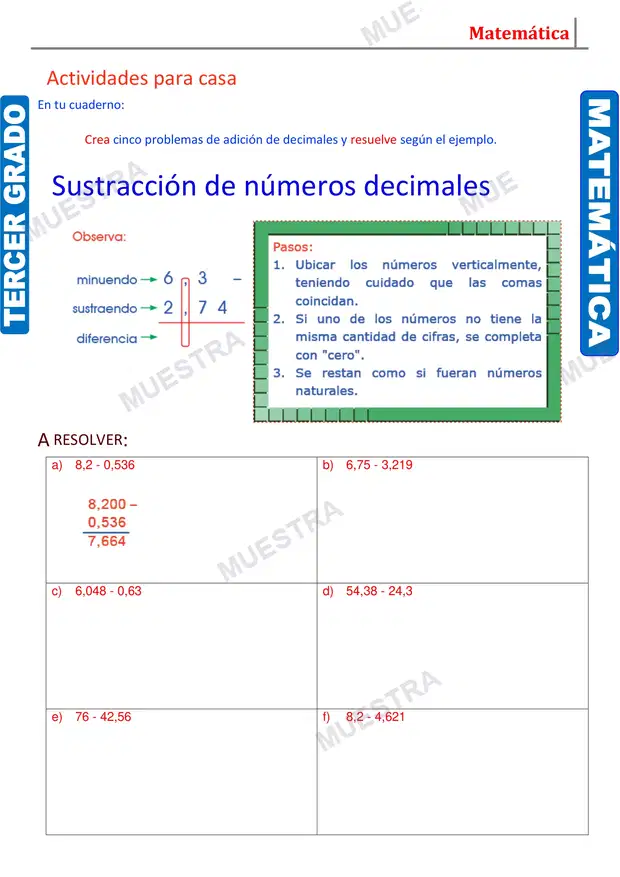 Muestra de Adición y Sustraccion de Números Decimales (2)
