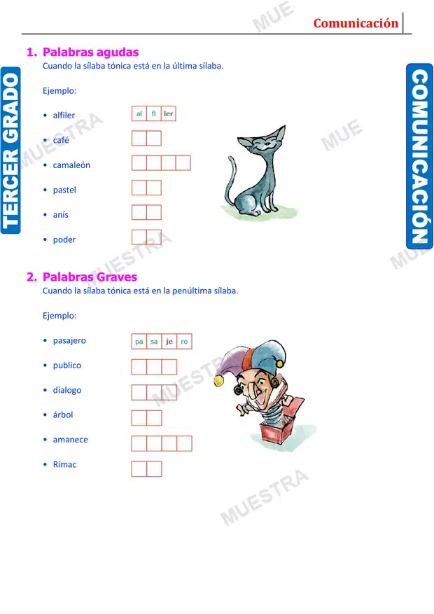 Muestra de Clases de Palabras Según la Ubicación de la Sílaba Tónica
