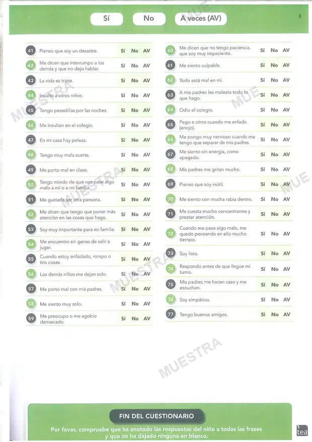Muestra de SENA. Protocolos. Familia, Escuela y autoinformes